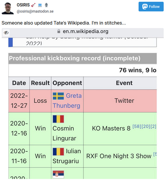 Someone edited Andrew Tate's Wikipedia page and added a loss against Greta Thunberg to his professional kickboxing record
