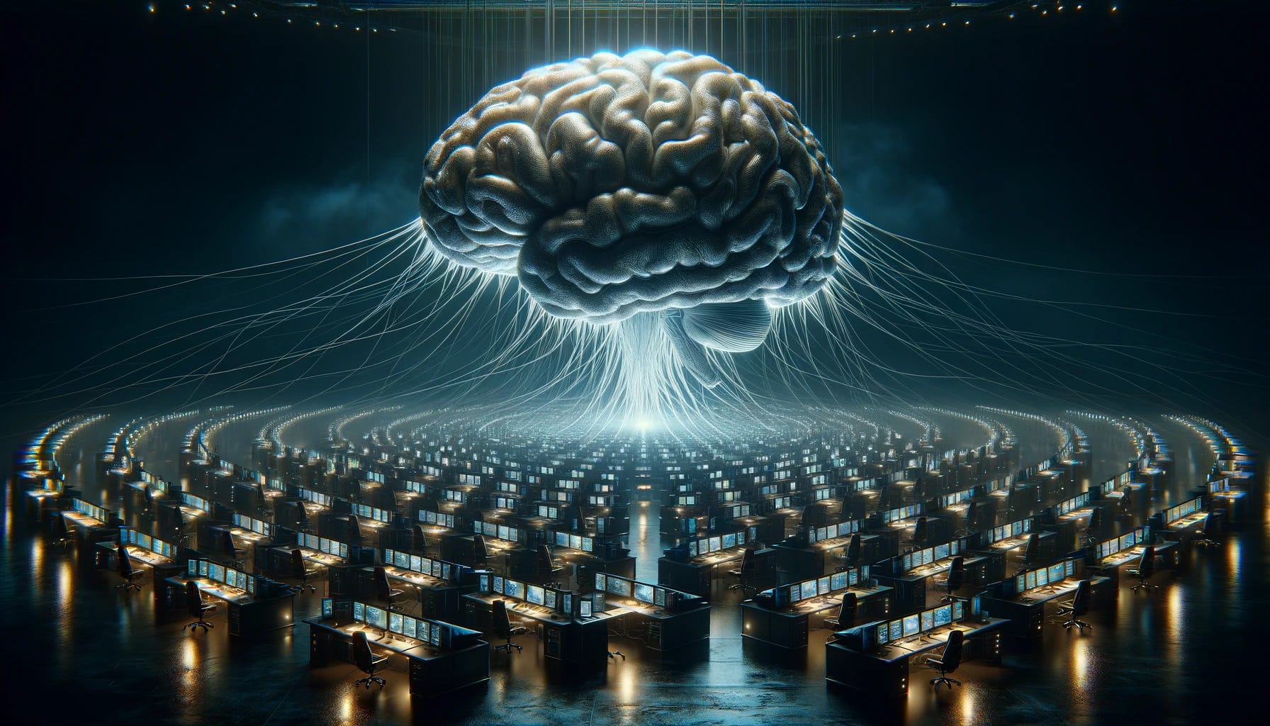 A photo-realistic, surreal image in 16:9 format. The scene depicts a massive, intricately detailed brain floating above a vast, dark space filled with dozens of desks. Each desk is equipped with screens, computers, and laptops, all intricately wired to the brain. The brain, glowing subtly, is the central focus, with wires extending like neurons, connecting it to each piece of technology below. The atmosphere is dark and mysterious, emphasizing the grandeur and complexity of the brain. The lighting is strategically placed to highlight the brain and the top of the desks, creating a dramatic, immersive scene.