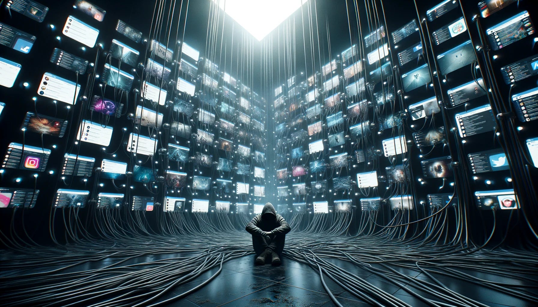 In a bleak futuristic setting, the overwhelming power of social media is evident. Inside a dimly lit room, walls are alive with the glow of various social media feeds. A solitary individual, connected by numerous cables, sits in despair, symbolizing humanity's entrapment in the digital realm.