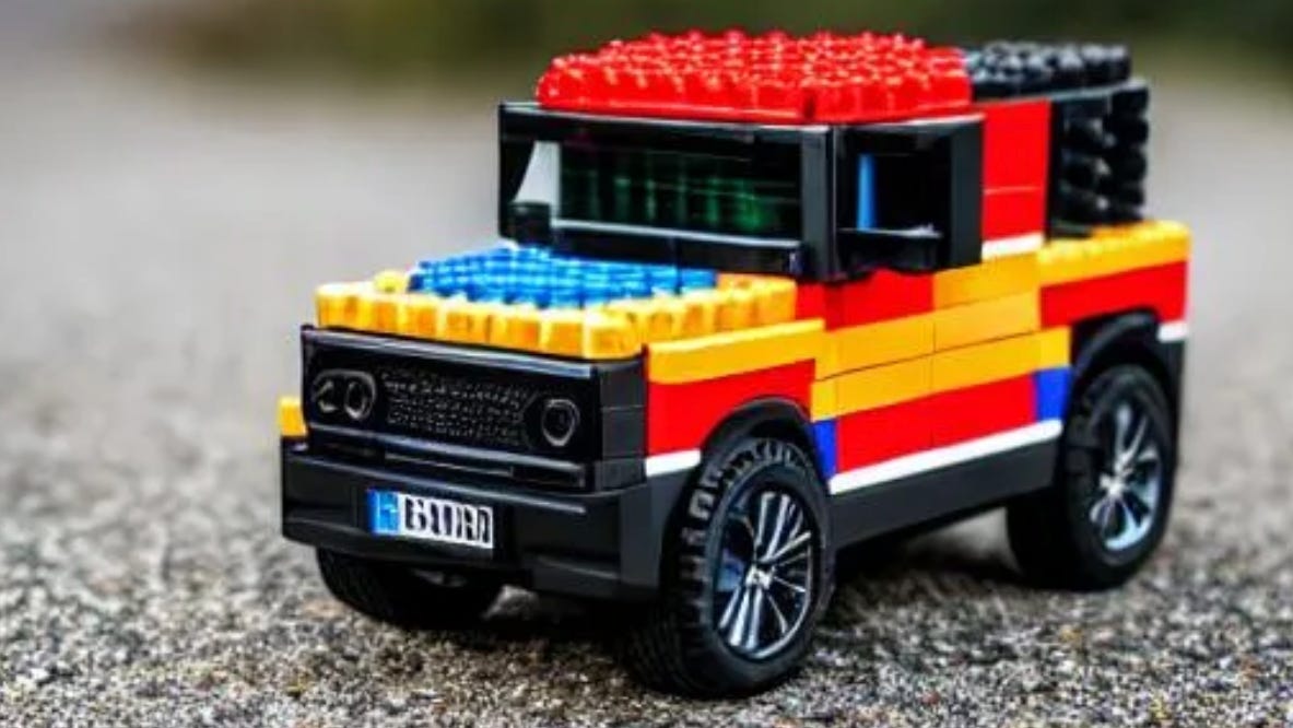 “SUV made out of duplo bricks, realistic, hyper realism, photo realism, high quality”