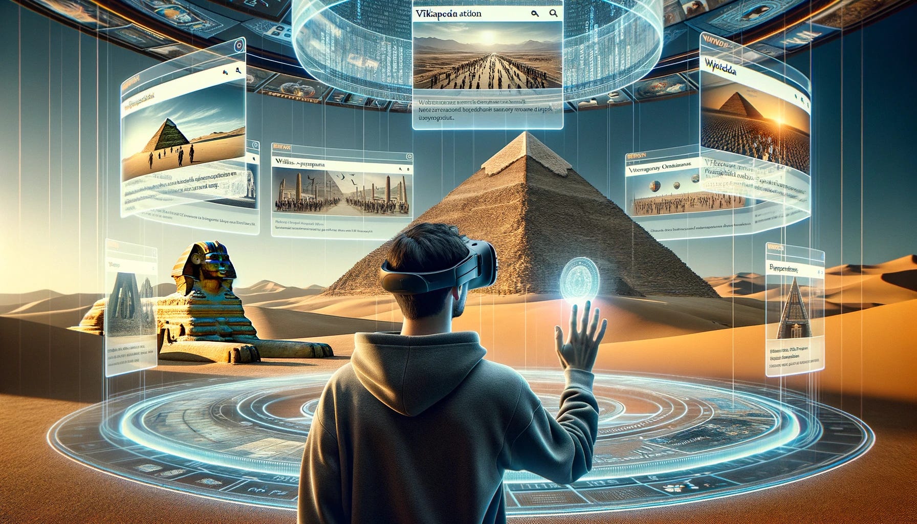 Photo set inside a sleek, futuristic room with floating holographic screens displaying various Wikipedia articles. The individual with the VR headset reaches out, selecting the pyramid article. The surrounding holograms fade, replaced by the vast desert landscape of Egypt, the iconic Sphinx, and the towering pyramids. Ambient sounds of ancient Egypt, like bustling marketplaces and prayers, echo in the background.