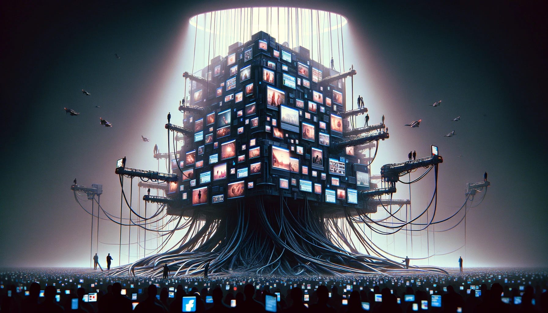 A dystopian image illustrating the headline 'Meta’s AI image generator was trained on 1.1 billion Instagram Facebook photos', depicting the danger of sharing personal images, photos, and data. The scene, in a 16:9 aspect ratio, shows a massive, ominous AI machine, with screens displaying a multitude of personal images sourced from social media platforms like Instagram and Facebook. The machine is entangled in a web of data cables, symbolizing the vast network of collected personal information. Shadowy figures in the foreground represent users, unaware of their privacy being invaded, with their photos being absorbed by the AI. The atmosphere is dark and foreboding, emphasizing the perilous consequences of data privacy erosion in a digital age.
