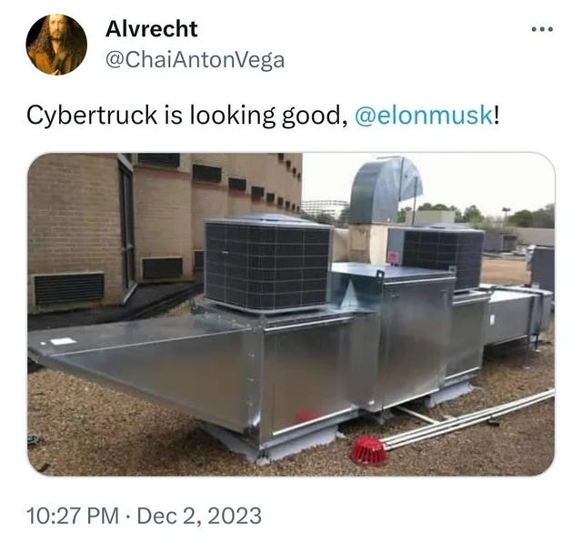 Tweet reads; "Cybertruck is looking good, Elon Musk" with a photo of an ugly rooftop commercial HVAC system that has similar sharp angles, cheap tin look, and distinctive shape of the Cybertruck. 