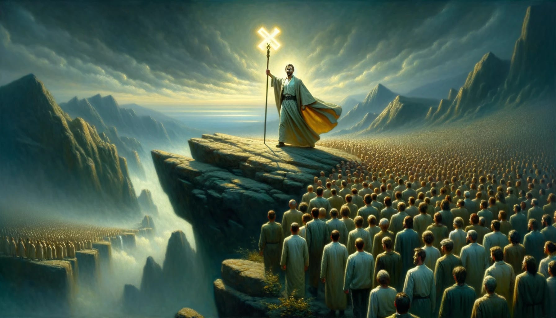 Based on photo 2: Oil painting of a dominant cult leader leading a vast sea of followers dressed in ordinary attire towards the edge of a steep cliff. The leader, with a powerful aura, confidently holds a staff adorned with a prominently glowing X-symbol. The cliff's jagged edge and the atmospheric horizon create a sense of impending danger and highlight the blind faith of the followers.