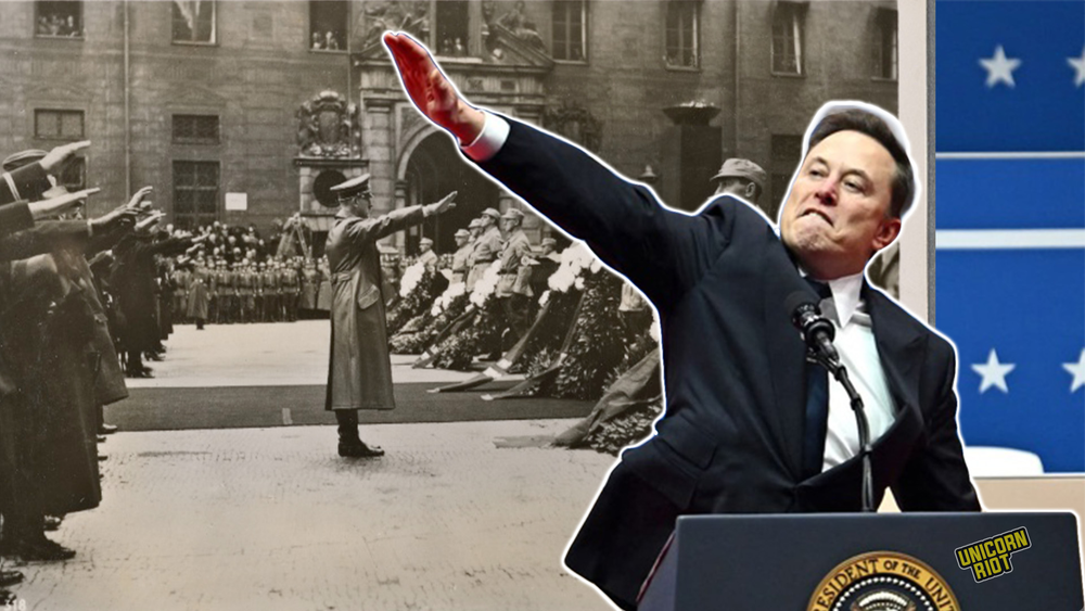 A photo montage of Adolf Hitler saluting, with the characteristic Nazi salute, soldiers (or SA men) in formation, holding commemorative wreaths. Super imposed on this image is Elon Musk performing the same salute with his face contorted in what looks like anger or determination, during one of the inauguration celebrations for Donald Trumps second term.